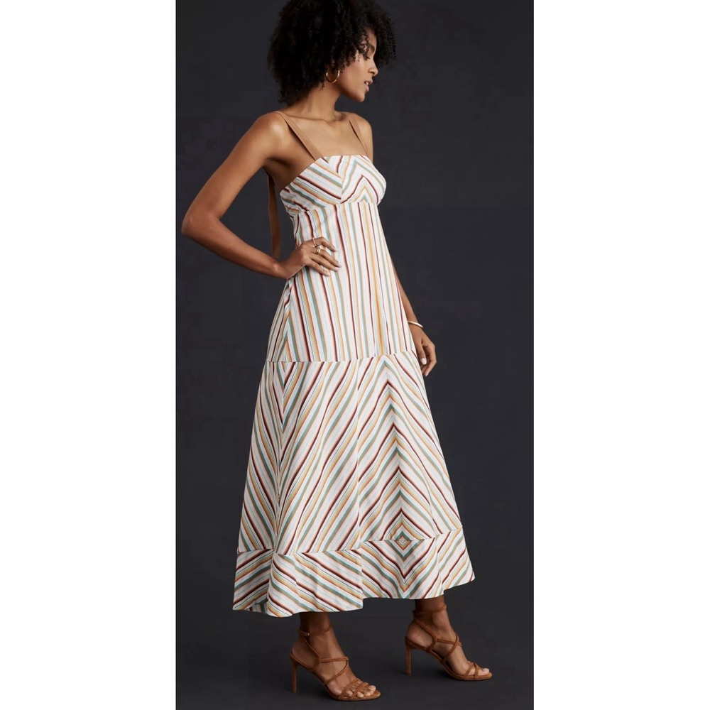 Anthropologie Maeve Square Neck Striped Midi Dress Size 4 Multi Chevron D-Ring